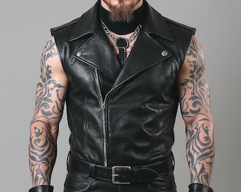Mens Black Leather Gothic Vest for Men | Handmade Leather Biker Vest | Classic Leather Motorcycle Vest | Steampunk Style Vest