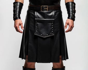 Handmade Black Leather Gladiator Kilt & Cosplay  – Gothic Punk Fashion, Genuine Leather Kilt, Scottish Men&#39;s Skirt Outfit