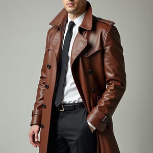 Genuine Brown Leather Long Coat - Mens Coat - Gift for Mens - Real Leather Coat - Leather Trench Coat - Leather Overcoat - Handmade Coat