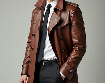 Genuine Brown Leather Long Coat - Mens Coat - Gift for Mens - Real Leather Coat - Leather Trench Coat - Leather Overcoat - Handmade Coat