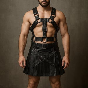 Schwarzer Leder Gladiator Kilt und Geschirr | Echtes Leder Cosplay Outfit | Handgefertigtes Kilt Kostüm mit Brustgurt für Männer