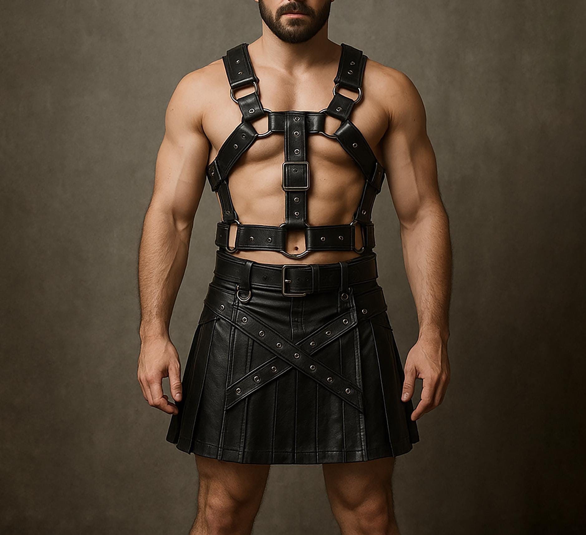 Black Leather Gladiator Kilt And Harness | Genuine Leather Cosplay Outfit | Handmade Kilt Costume With Chest Harness For Men