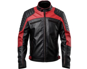 Chaqueta de motociclista de cuero genuino negro y rojo para hombre, estilo cruzado, acolchada, hecha a mano, de piel de cordero auténtica, corte entallado.