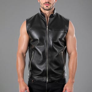 Mens Black Leather Biker Vest | Handmade Minimal Black Leather Vest | Classic Leather Motorcycle Vest | Steampunk Style Vest