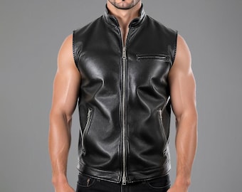 Débardeur motard en cuir noir pour homme | Gilet en cuir noir minimaliste fait main | Gilet de moto en cuir classique | Débardeur style steampunk
