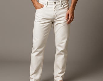 Mens White Genuine Sheep Skin Leather Pants - Classic Five Pockets 501 Pants - Handmade Real Leather Pants