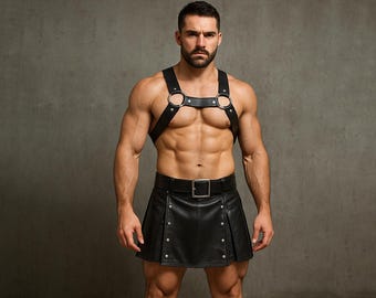 Gladiator Leather Kilt And Harness | Genuine Leather Cosplay Outfit | Handmade Kilt Costume With Chest Harness For Men