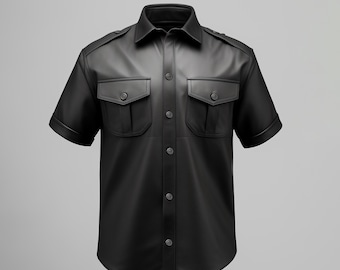 Camisa policial em couro legítimo - Camiseta masculina preta em couro - Presente para homem - Uniforme policial em couro feito à mão - Camisa de couro para motociclista