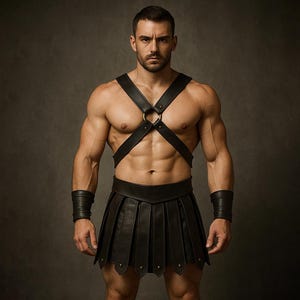 Gladiator Leder Kilt und Geschirr | Echtes Leder Cosplay Outfit | Handgefertigtes Kilt Kostüm mit Brustgurt für Männer