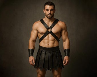 Gladiator Leather Kilt And Harness | Genuine Leather Cosplay Outfit | Handmade Kilt Costume With Chest Harness For Men