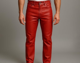 Mens Red Genuine Sheep Skin Leather Pants - Classic Five Pockets 501 Pants - Handmade Real Leather Red Pants