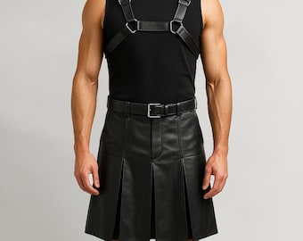 Mens Gladiator Leather Kilt And Harness | Genuine Leather Cosplay Outfit | Handmade Kilt Costume With Chest Harness For Men