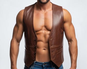 Brown Leather Vest, Genuine Leather Vest For Men, Handmade Leather Vest, Gift for Him, Mens Real Cow Leather Vest, Custom Leather Vest