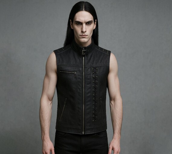 Chaleco y chaqueta gótica de cuero negro para hombre Chaleco de