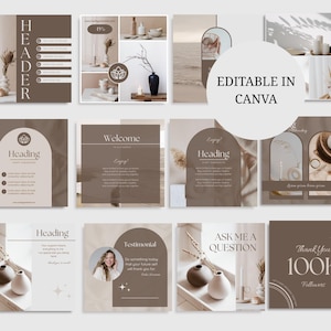 Neutral Instagram Canva Templates | 50 Boho Minimalist Instagram Post Templates | Editable Social Media Templates for Entrepreneurs