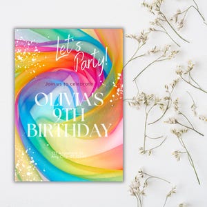 Afdrukbare uitnodiging regenboogfeestje | Kleurrijke uitnodiging voor kinderverjaardag of babyshower | Digitale download | Leuke, heldere instant-feestkaart