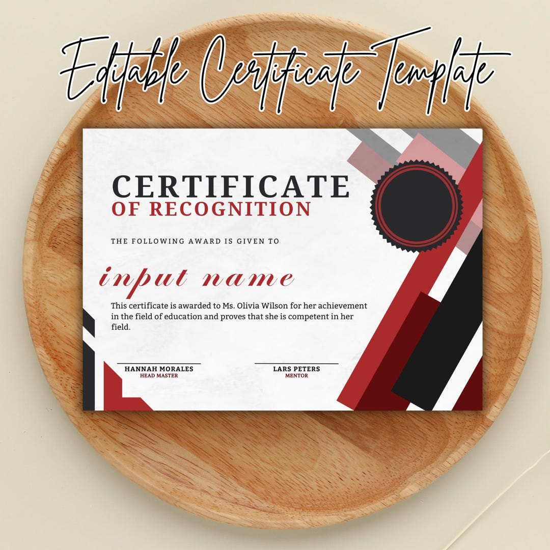 Editable Certificate of Recognition Canva Template – Red and Black ...