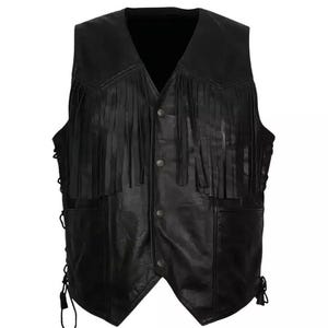 Men&#39;s Black Leather Fringe Vest, Western sheepskin Leather Fringe Vest, Western Biker Cowboy Style, Vintage fringe Event Vest, Handmade