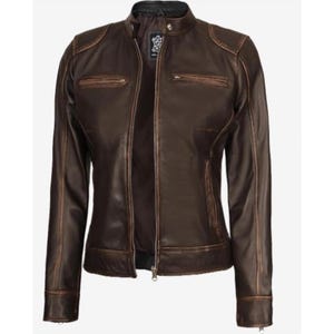 Veste en cuir pour femme marron en cuir véritable, coupe slim, véritable veste de motard, veste en cuir souple pour femme, veste marron slim style vintage