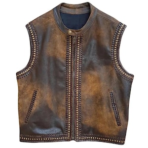 Men&#39;s Brown Leather Vest - Distressed  Motorcycle Vest- Vintage vest- sheepskin Biker Waistcoat - Western Motorcycle Vintage Style Vest