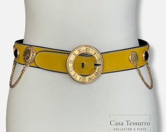 Escada Vintage Clock Belt: Leren tailleband uit de jaren 90, gouden gesp