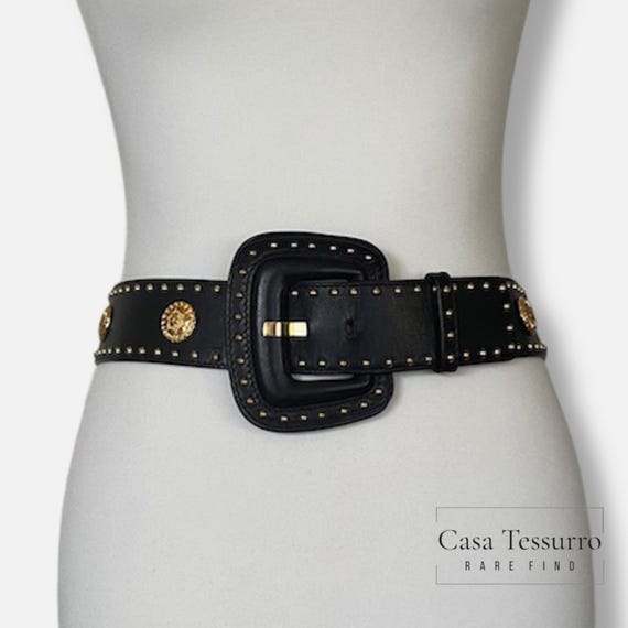 Escada Vintage 80s Black Leather Belt Gold Studded Size 40  display picture 3