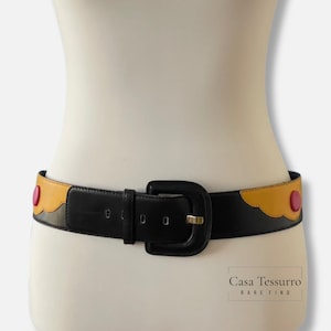 Rare Vintage Escada Leather Belt | Color Block Statement | Dark Navy Pink Yellow | 80s Designer Accessory | Made in Western Germany