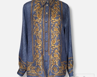 90s Escada Margaretha Ley Silk Blouse: Vintage Baroque Print Designer Shirt, Size 40