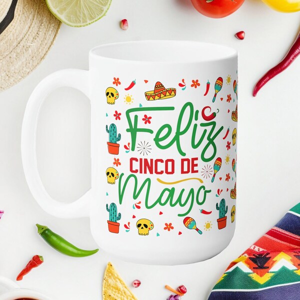 Feliz Cinco de Mayo Coffee Mug, Mexican Victory Coffee Mug, Mexican Holiday Mug, Feliz Cinco de Mayo Taza, Colorful Cinco de Mayo mug