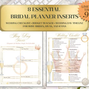 May include: A bridal planner insert set with gold accents. The planner includes a wedding checklist, budget tracker, and wedding day timeline. Text on the planner reads "8 Essential Bridal Planner Inserts" and "Limited Time .99".