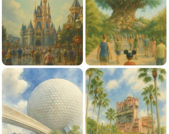 Paquete de acuarelas para pared inspiradas en los parques de Disney: 4 láminas imprimibles para la habitación de tu bebé y la de tu familia.