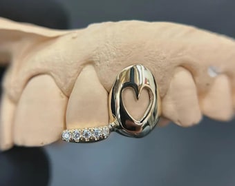 Iced Out Diamond Heart Cap In Dental Gold & Sterling Silver Custom Made Grillz Any Teeth FREE Mould Kit!
