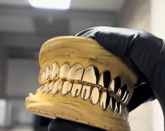 Dental Yellow Gold Grillz Full Set Custom Made Grillz – Gold or Sterling Silver – Any Tooth + FREE Mould Kit!