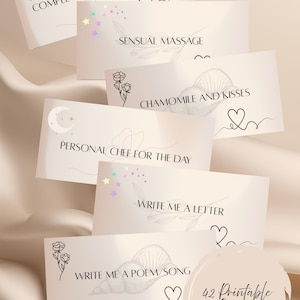 Puede incluir: Un conjunto de cupones imprimibles beige con temas románticos. Cada cupón presenta delicados dibujos lineales y frases como "Complete Top for the Night" y "Sensual Massage". Una etiqueta circular dice "42 Printable Coupons".
