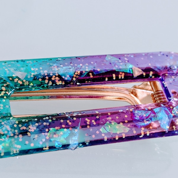 Holographic Glitter (2 pk) Flakes on Blue & Purple Clear Resin Hair Clips, Barrettes, Hair Pins, Retro 80s 90s, Modern, Cute, Kawaii Funky
