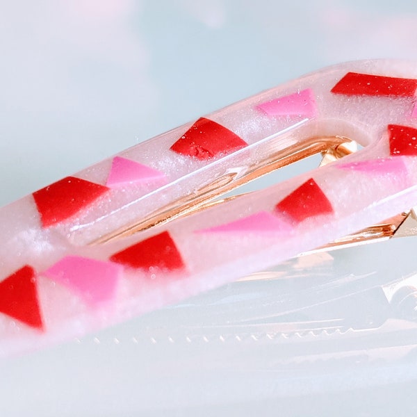 Red & Pink Chips (2 pk) on White Pearly Resin Hair Clips, Barrettes, Hair Pins, Retro 80s 90s, Modern, Cute, Kawaii Funky Birthday