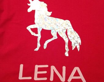 Unicorn Holographic Rainbow Silver Foil Name T-Shirt Personalized Kids Cute Cotton Pre-Shrunk school home gifts kids children birthday party