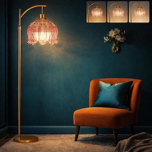 Pink Glass Tulip Floor Lamp, Mid Century Modern Gold Brass Arc, Dimmable Remote Control