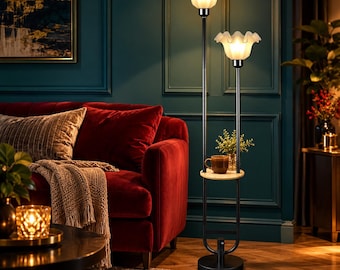 Black Flower Floor Lamp with Table, Dimmable Mid-Century Standing Light (63" Tall)