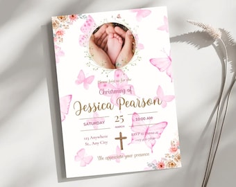 Editable Baptism Invitation Girl, Pink Butterfly Christening Template, Photo Baptism Evite, Printable Design, Baby Naming Ceremony Invite