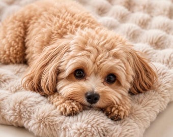 Könnte beinhalten: Ein kleiner, hellbrauner Hund mit lockigem Fell, der auf einem weichen, beigen, getufteten Kunstfell-Haustierbett liegt. Der Hund hat große, dunkle, ausdrucksstarke Augen und eine schwarze Nase, wobei die Vorderpfoten unter dem Kinn auf der Oberfläche liegen.