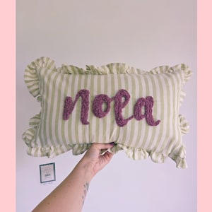 Personalised Hand Embroidered Name Cushion – Ruffle Stripe Cushion with Custom Name – Nursery or Kids Room Decor – Baby Gift – Green