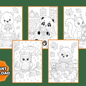 May include: A set of five black and white coloring pages featuring autumn-themed illustrations of a bear with a mushroom, a panda with a pumpkin spice latte, a squirrel with acorns, an owl with an umbrella, and a raccoon with a mouse.