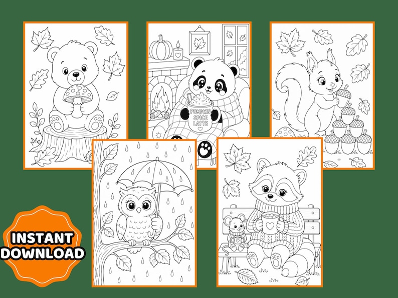May include: A set of five black and white coloring pages featuring autumn-themed illustrations of a bear with a mushroom, a panda with a pumpkin spice latte, a squirrel with acorns, an owl with an umbrella, and a raccoon with a mouse.