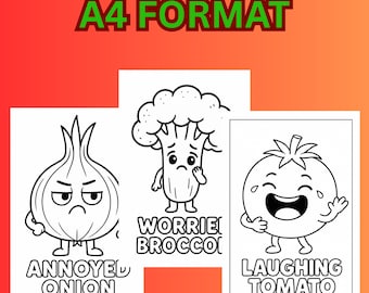 May include: Black and white line art illustrations of vegetables with faces. The illustrations include an annoyed onion, a worried broccoli, and a laughing tomato. The text "A4 FORMAT" is at the top.