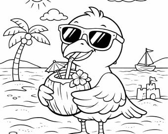 Disegno da colorare di un gabbiano estivo per bambini, simpatico uccello tropicale da spiaggia, foglio da colorare facile da stampare, attività per bambini, download immediato in PDF, formato A4