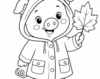 Disegno da colorare di un maialino autunnale / Stivali da pioggia carini da stampare / Foglio da colorare per bambini a tema giornata di pioggia