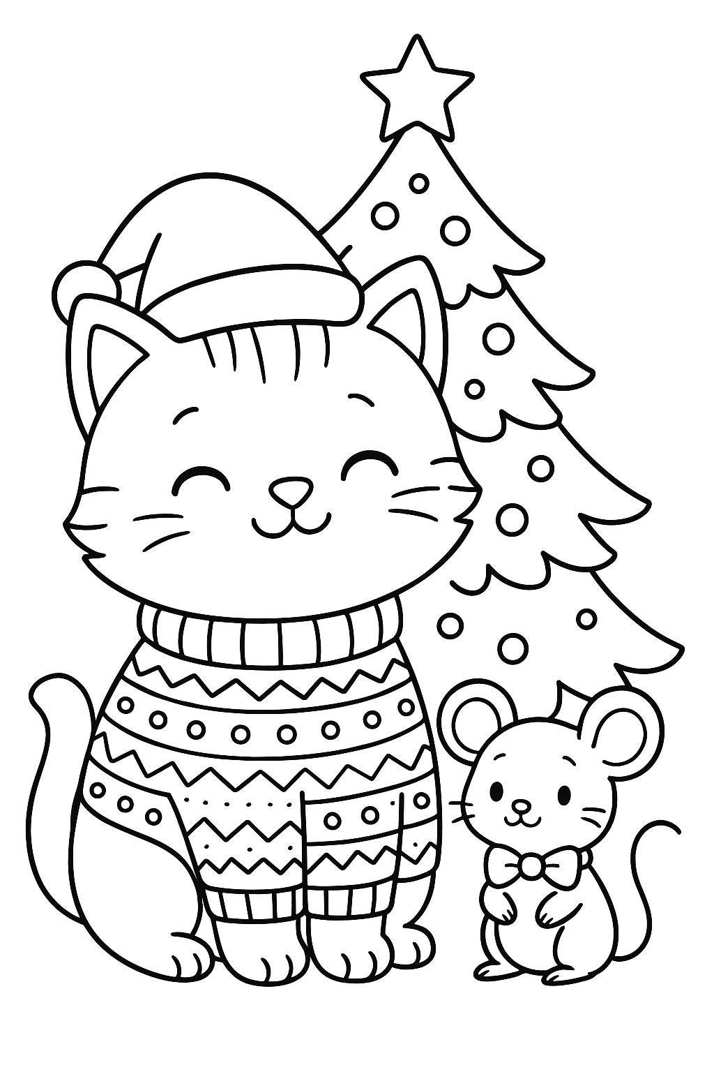Christmas Cat Coloring Page Winter Cat & Mouse Scene Printable PDF…