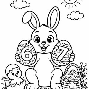 May include: Black and white illustration of an Easter bunny holding two decorated eggs with the numbers 6 and 7. A chick, a basket of eggs, a smiling sun, and clouds are also in the image. The image is a coloring page.