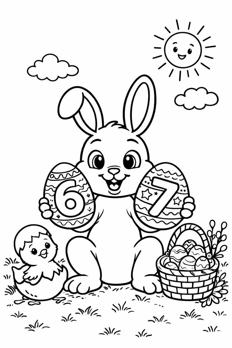 May include: Black and white illustration of an Easter bunny holding two decorated eggs with the numbers 6 and 7. A chick, a basket of eggs, a smiling sun, and clouds are also in the image. The image is a coloring page.